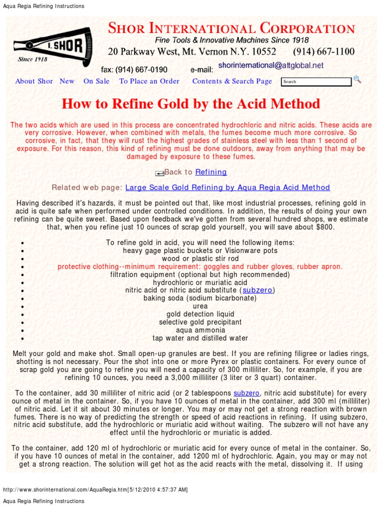 Aqua Regia Refining Instructions PDF Hydrochloric Acid Nitric Acid