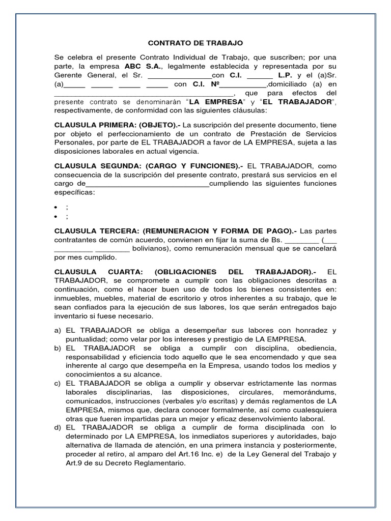 Modelo Contrato de Trabajo Indefinido Bolivia | PDF | Derecho laboral |  Regulación