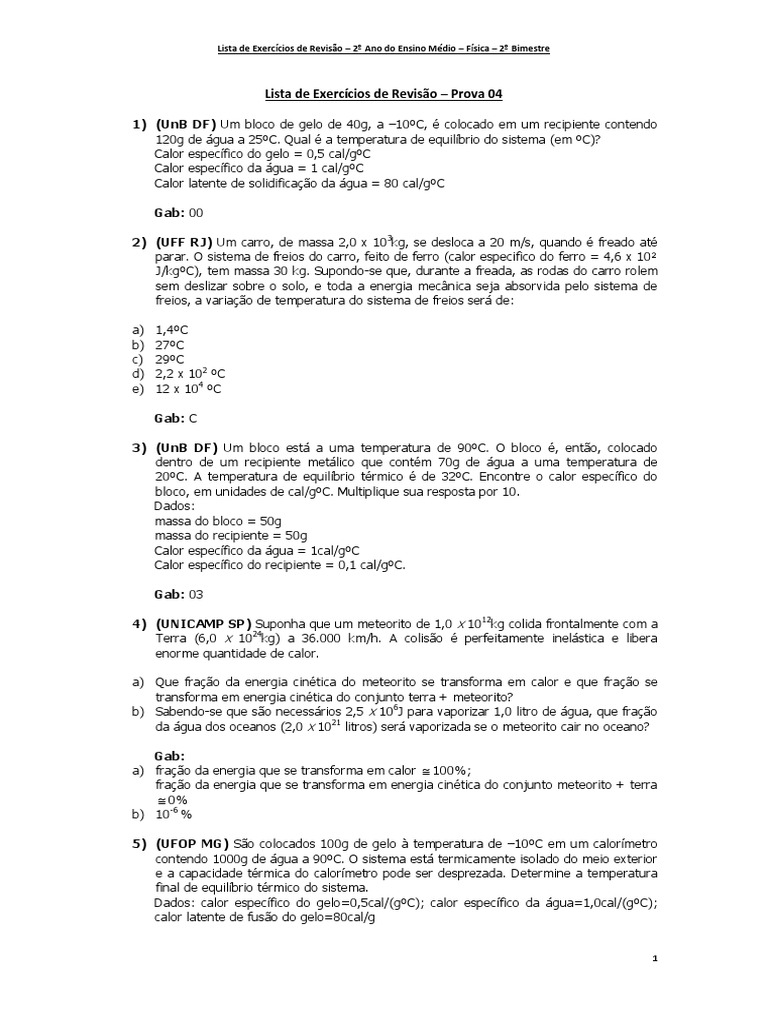 Exercicios De Fisica 2 Ano Ensino Medio Calorimetria