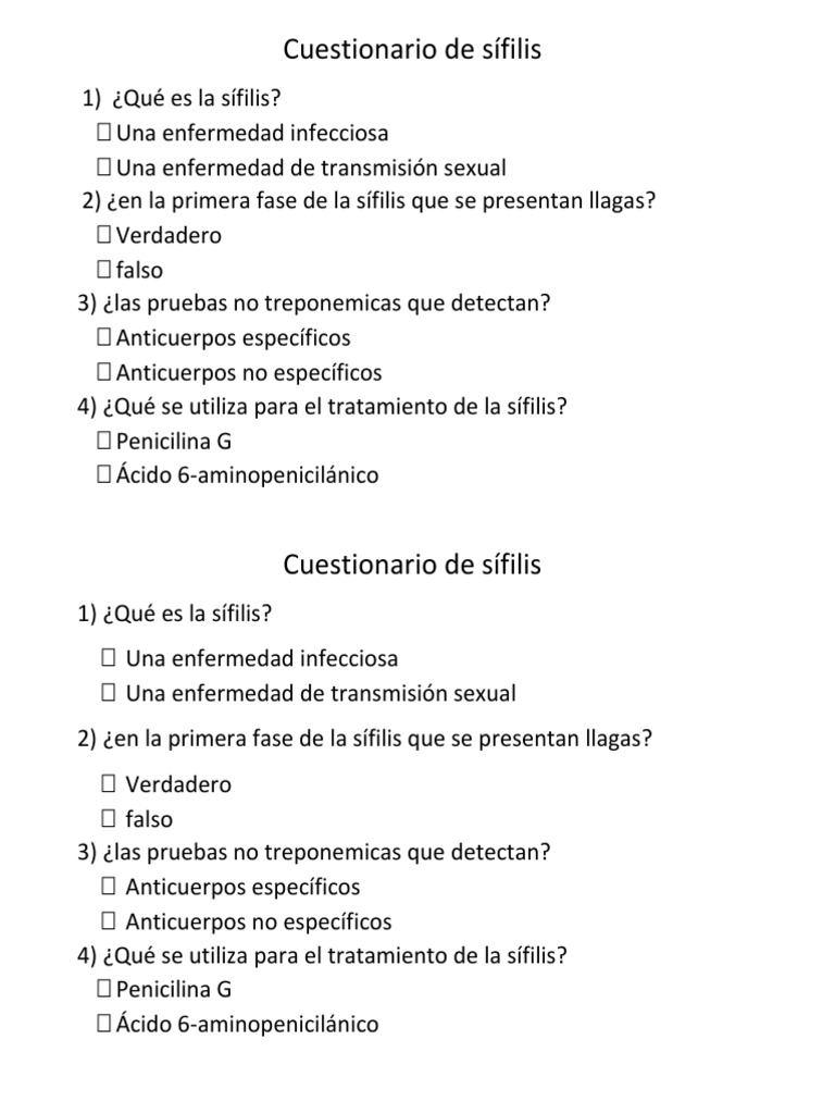 Cuestionario sobre la sífilis | PDF | Relaciones personales, crianza y ...