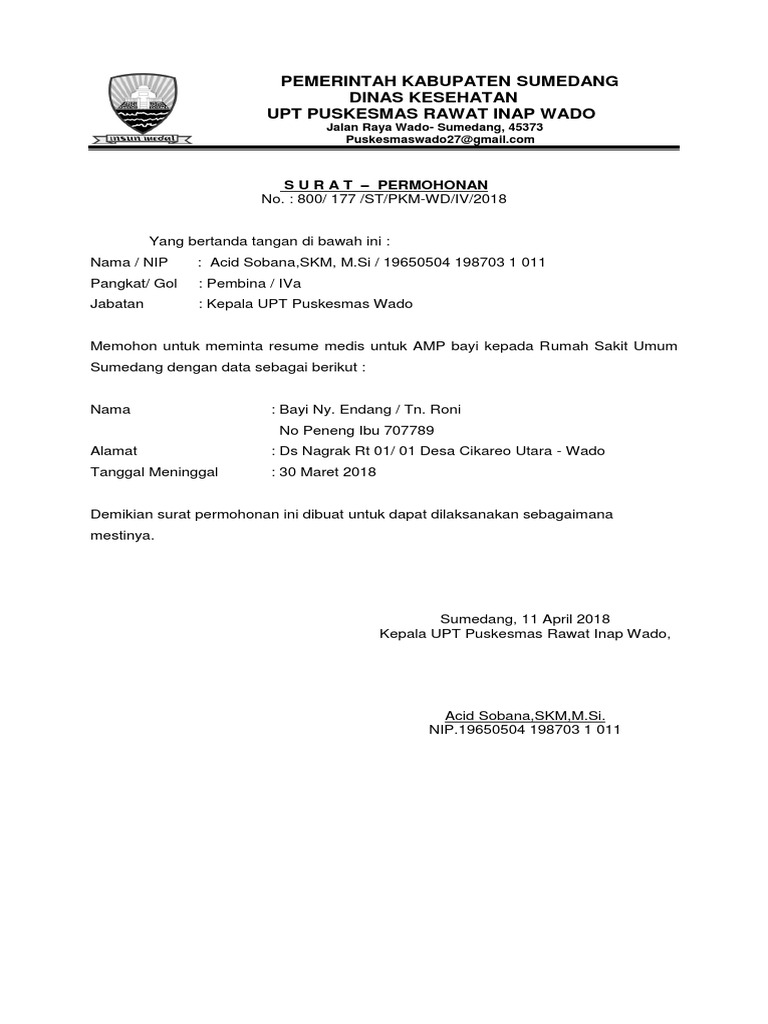 Contoh Permohonan Resume Medis Amp Upt Puskesmas Wado