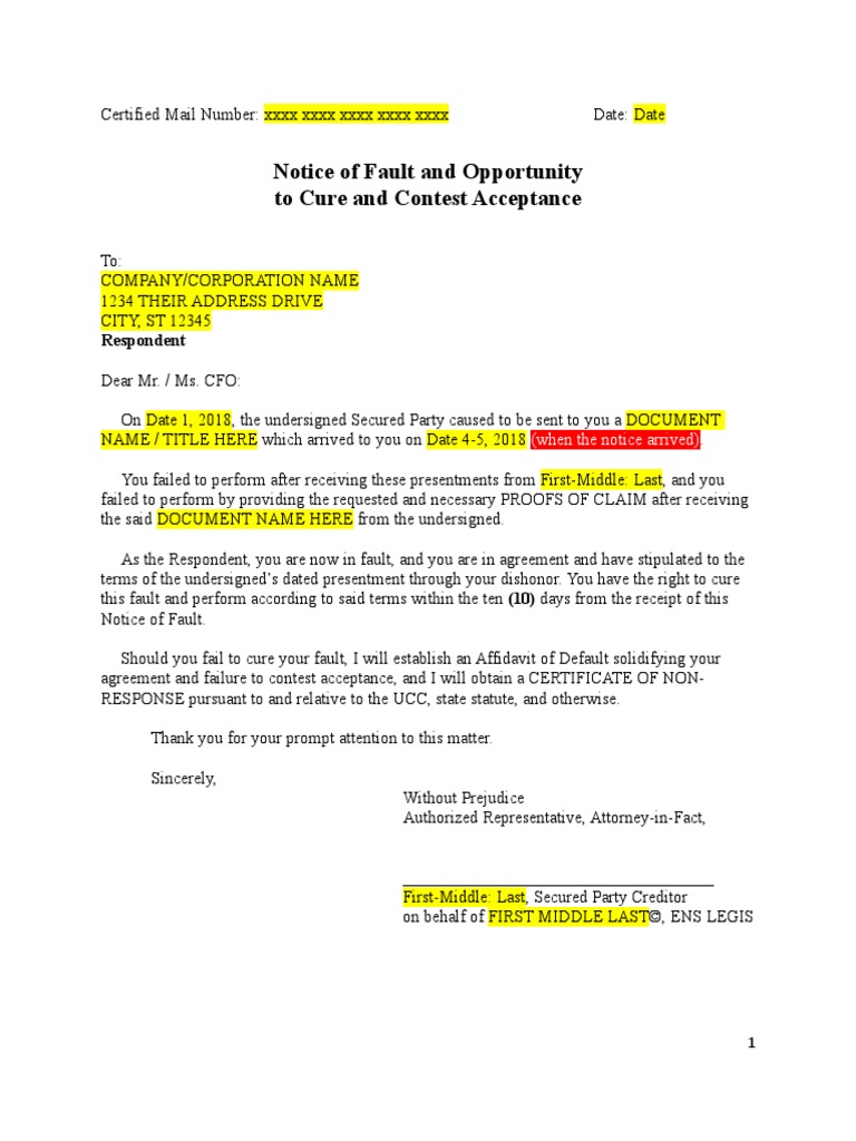 Notice of Fault Template