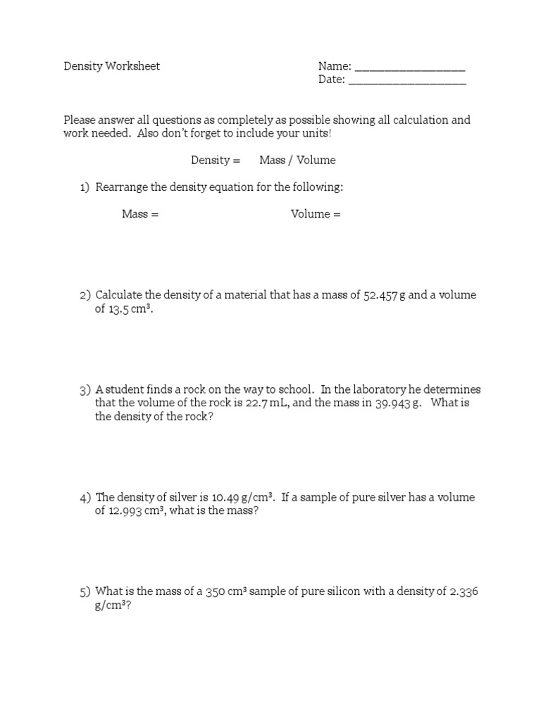 Density Worksheet PDF