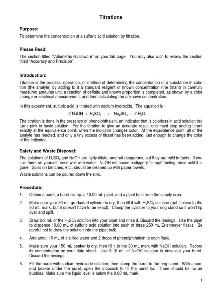 Lab Experiment Titration of Sulfuric Acid (H2SO4) PDF Titration
