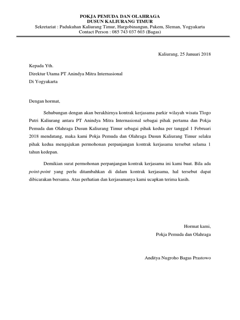 Surat Permohonan Perpanjangan Kontrak Pokja Anindya