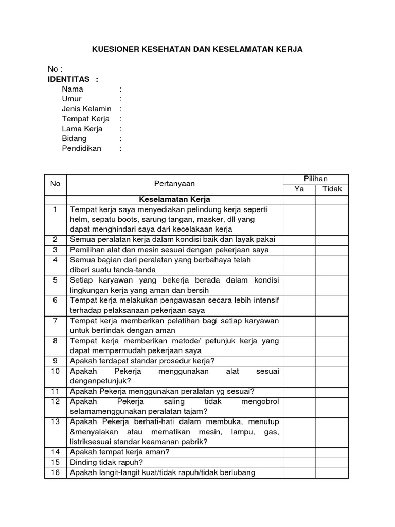 Kuesioner Kesehatan Dan Keselamatan Kerja