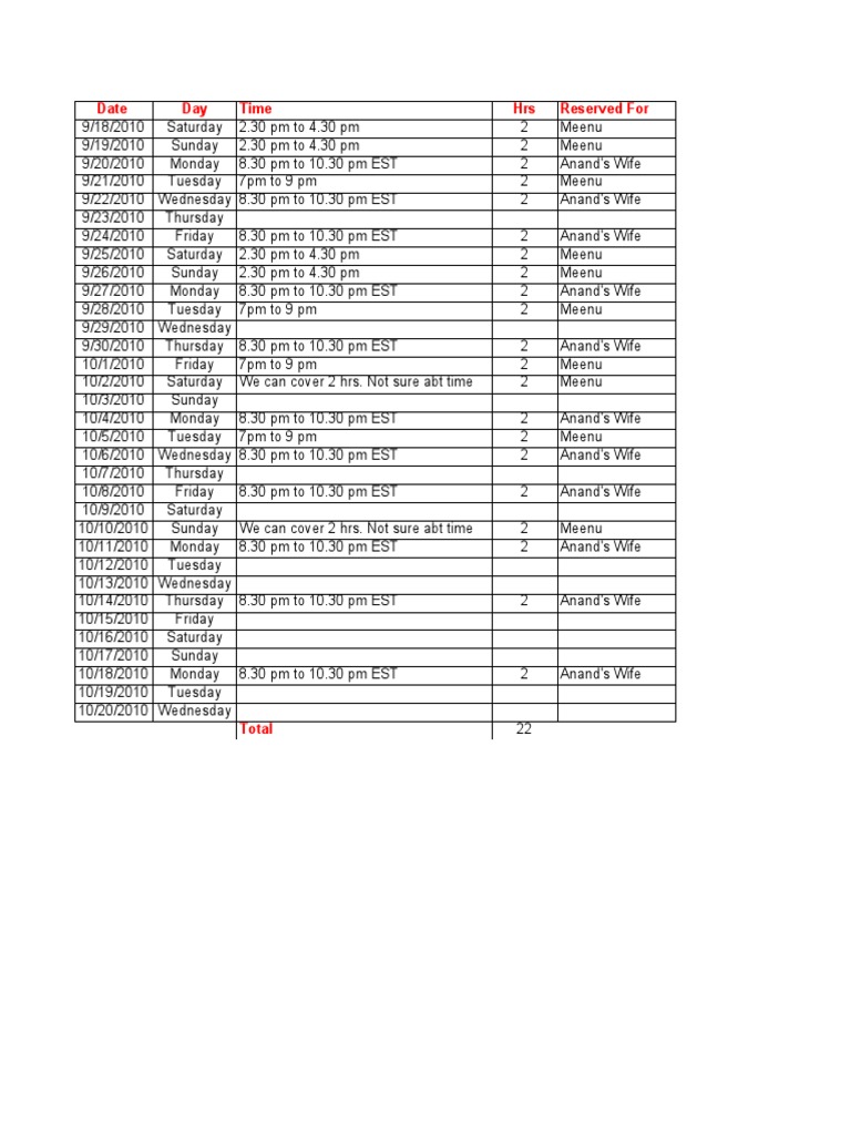 Tra Schedule | PDF