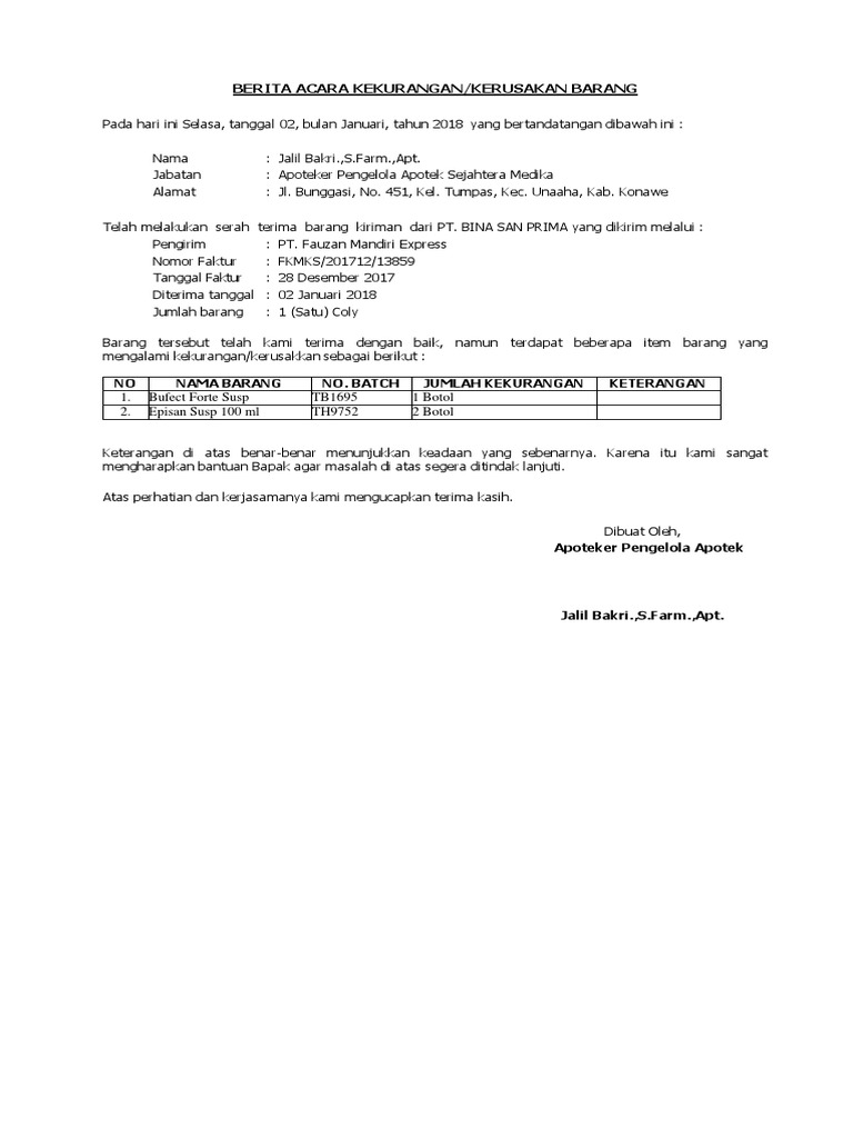 Berita Acara Kurang Barang