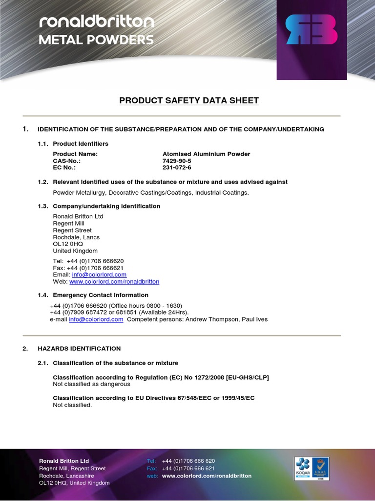 Aluminum powder sds.pdf Dangerous Goods Toxicity