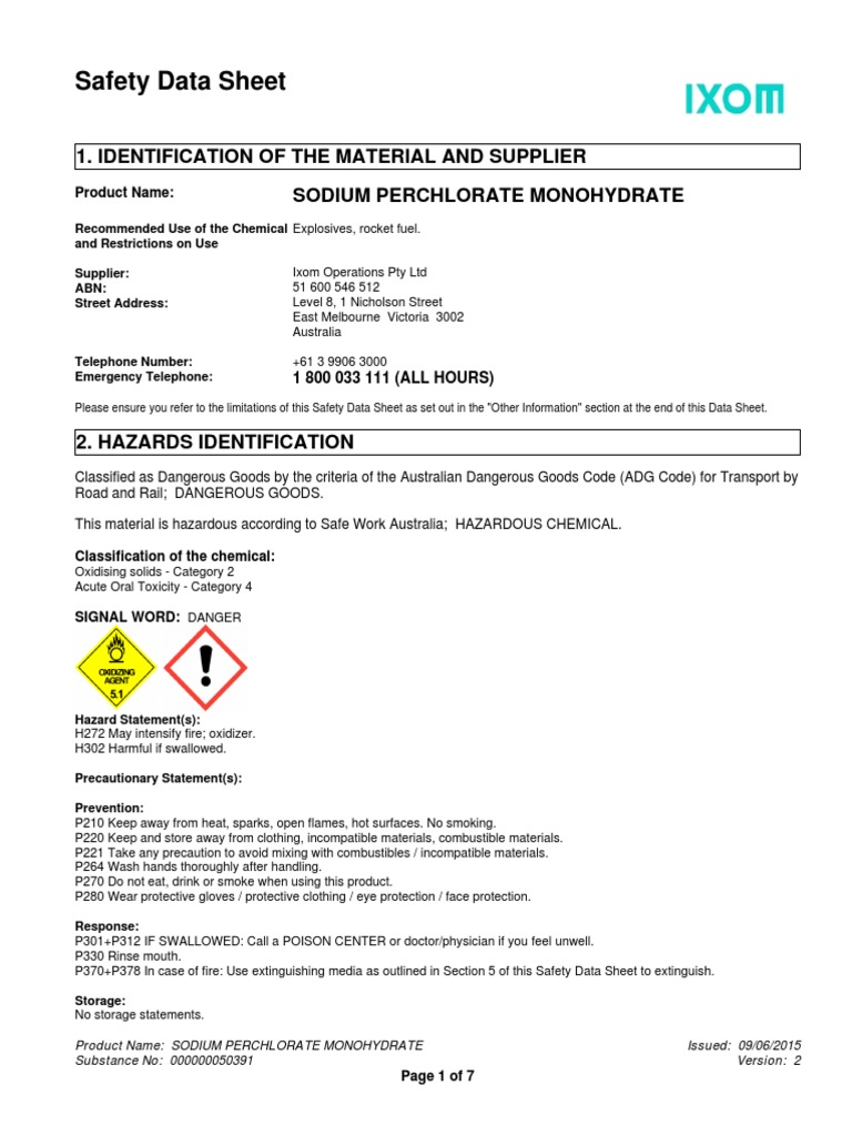 Sodium Perchlorate Monohydrate SDS PDF Dangerous Goods Personal Protective Equipment