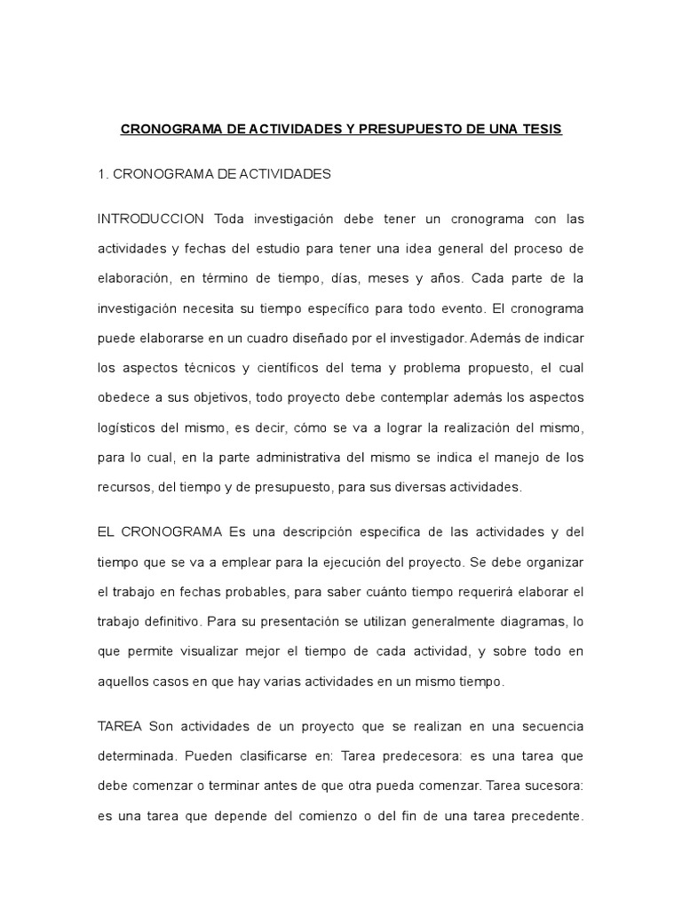 Cronograma y Presupuesto de Tesis | PDF | Presupuesto | Planificación
