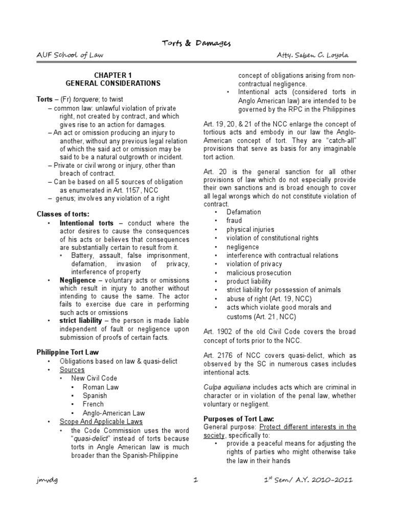 Torts and Damages Reviewer | PDF | Tort | Negligence