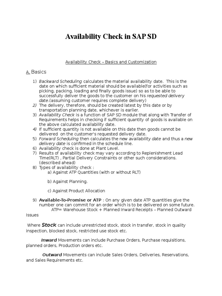 Scope Of Availability Check In Sap Sd