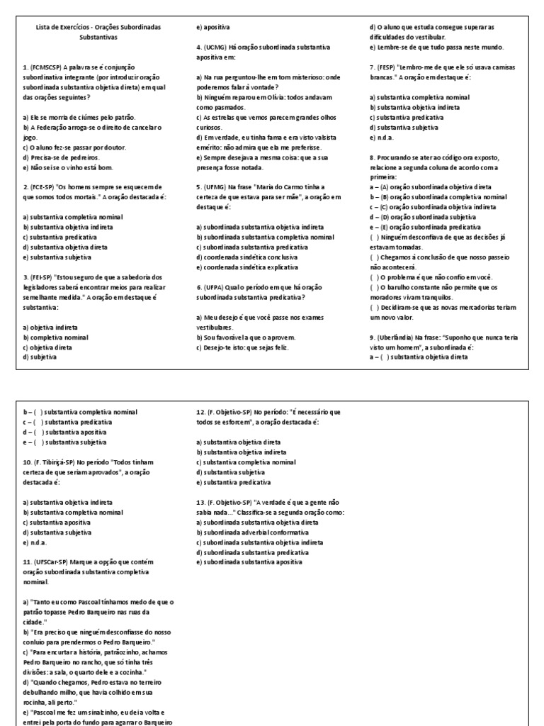 Lista de Exercícios - orações subordinadas substantivas 9 ano 10 de ...