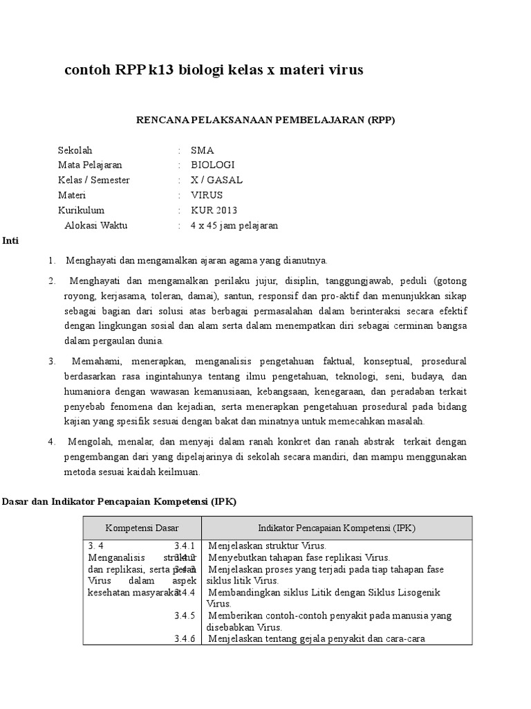 Contoh RPP k13 Biologi Kelas X Materi Virus | PDF