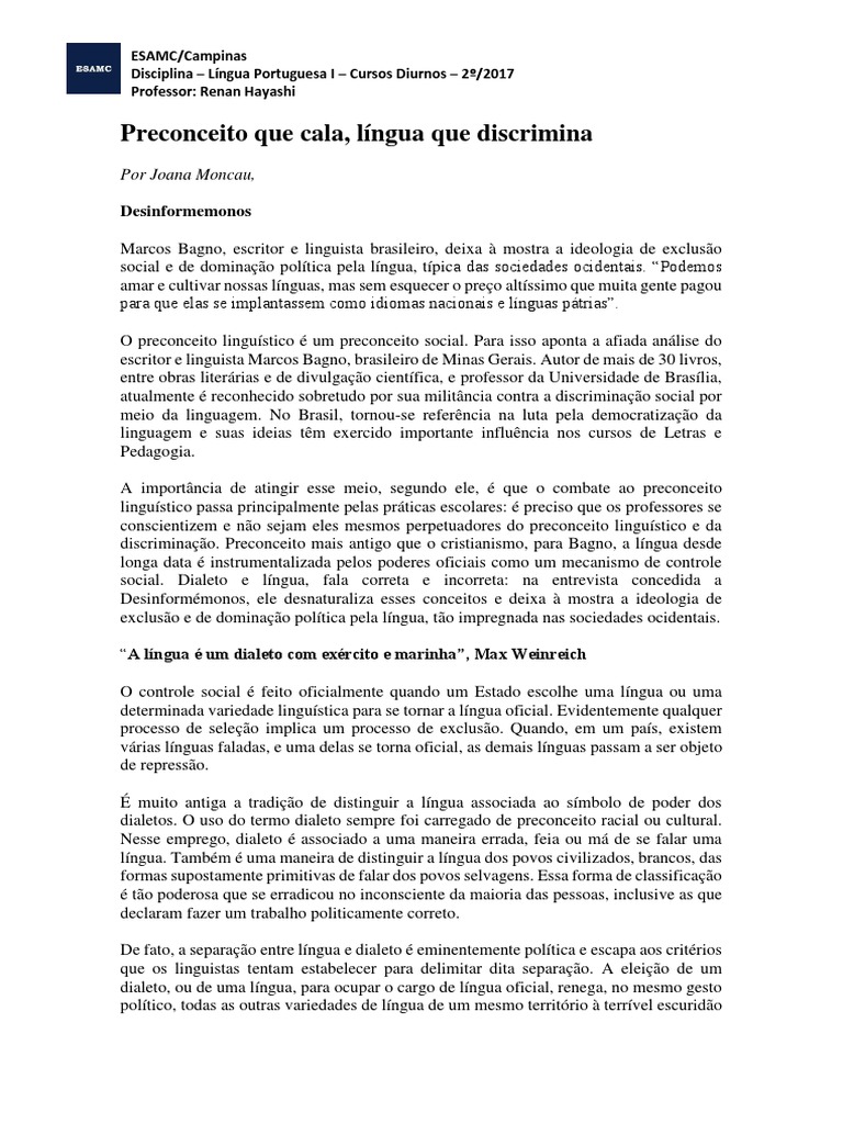 Preconceito Linguístico no Brasil | PDF | Linguagem natural | Português ...