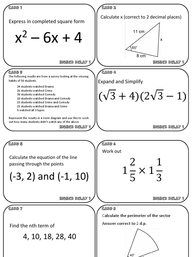 Mathematics Revision Cards Covering a Wide Range of Topics from Algebra