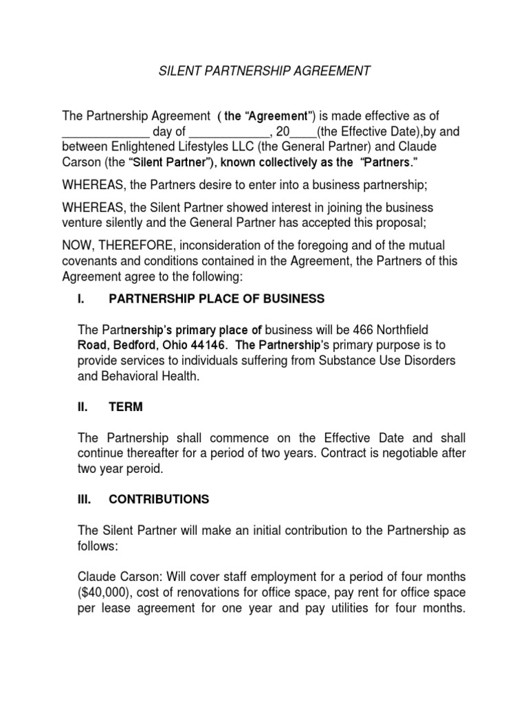 Silent Partnership Agreement  PDF  Partnership  General In Business Partnership Agreement Template Pdf