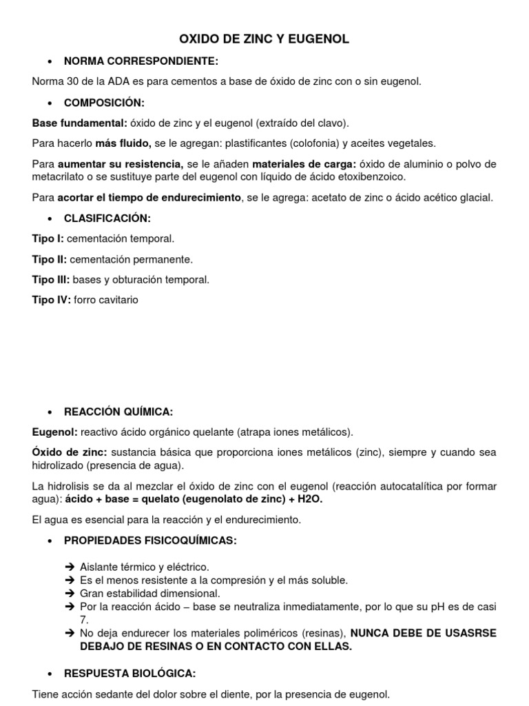 Óxido de Zinc y Eugenol: Propiedades y Usos | PDF | Óxido de zinc