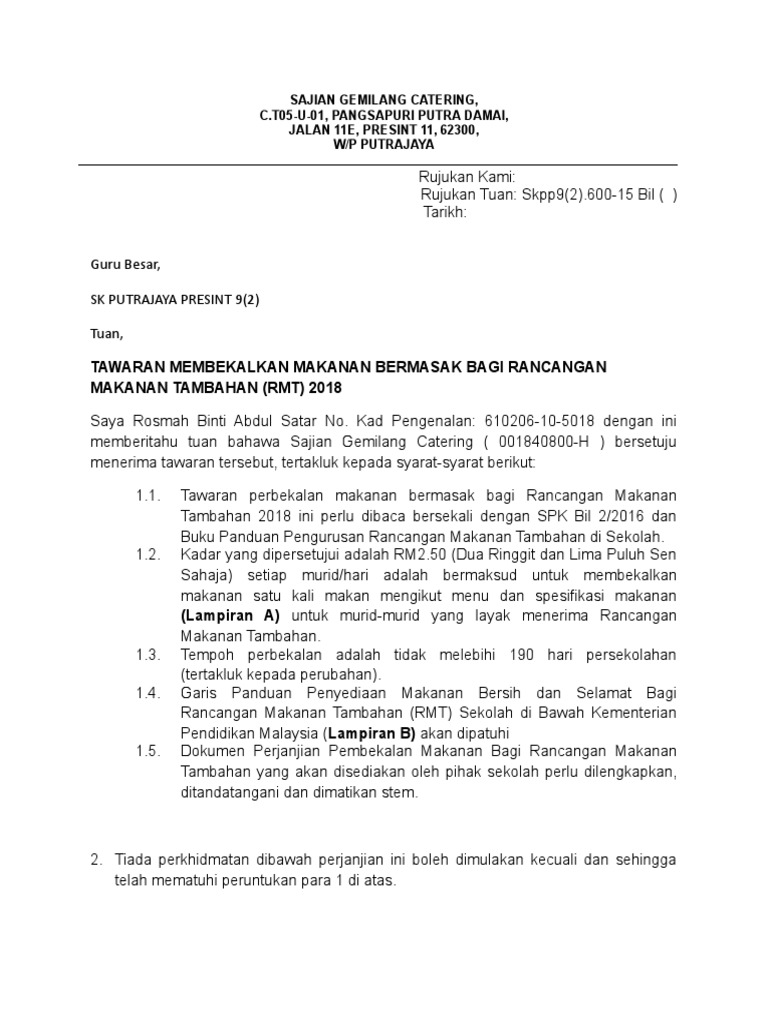 Contoh Ayat Surat Setuju Terima Perkhidmatan