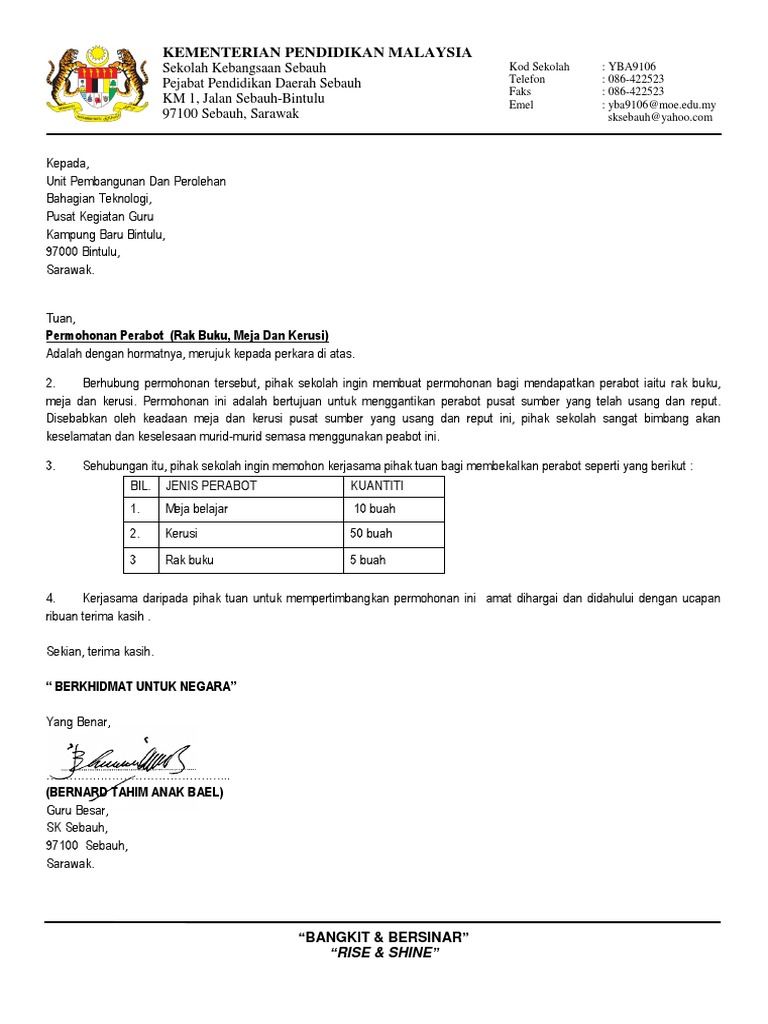 Contoh Surat Mohon Perabot Sekolah