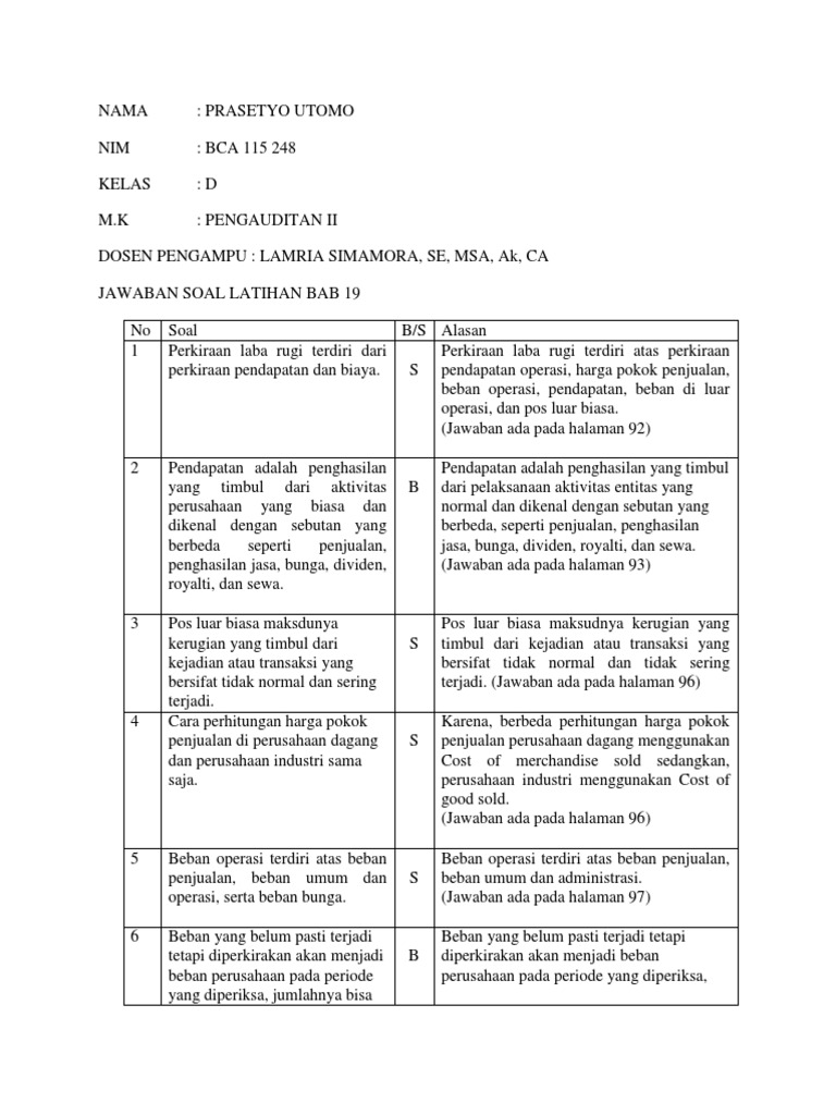 Jawaban Soal Latihan Bab 19 Pengauditan Ii