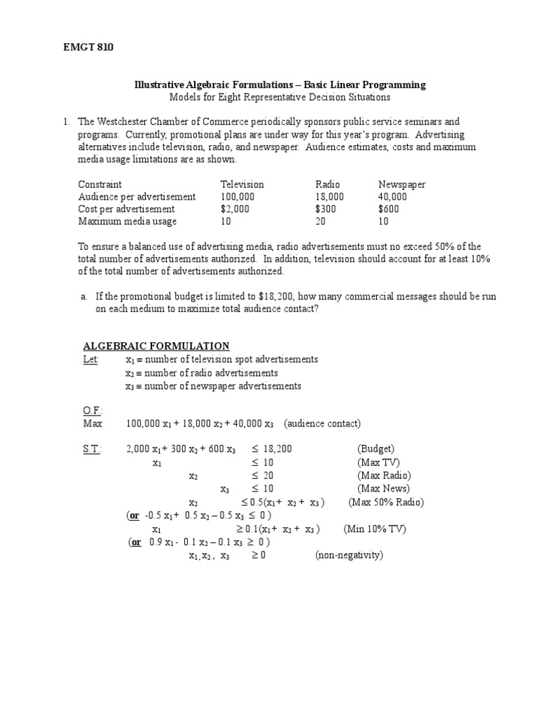 Illustrative Algebraic Formulations - Basic Linear Programming | PDF ...
