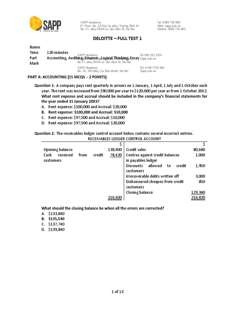 Deloitte Full Test 1 A | Download Free PDF | Audit | Revenue