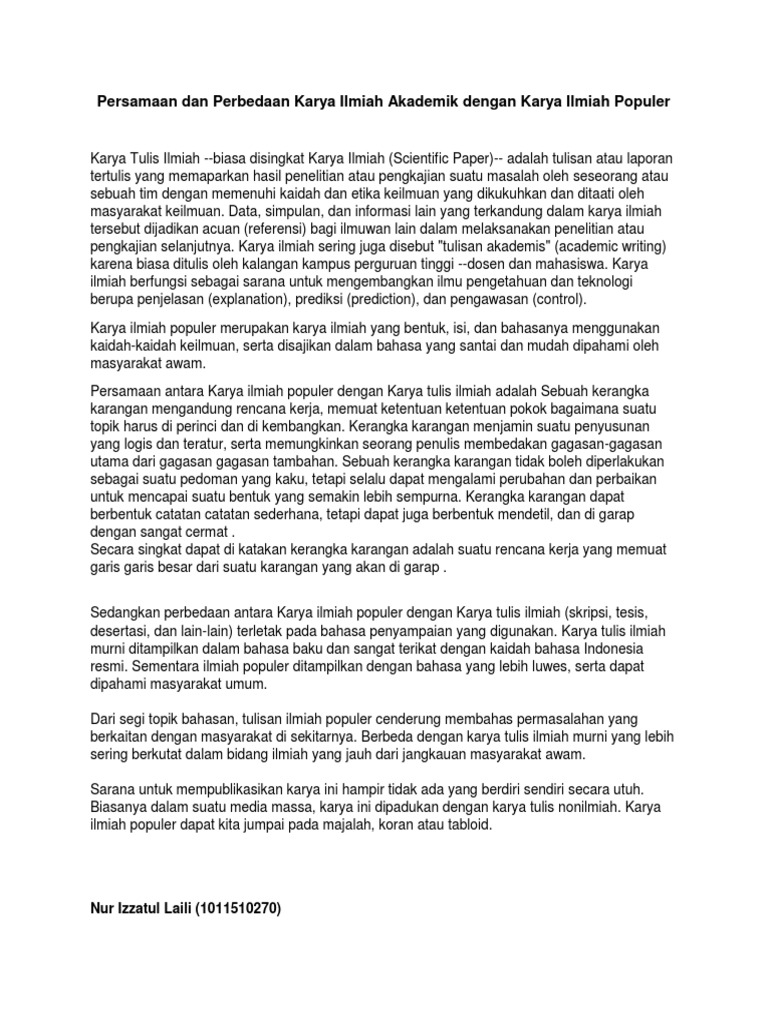 Persamaan Dan Perbedaan Karya Ilmiah Akademik Dengan Karya Ilmiah Populer