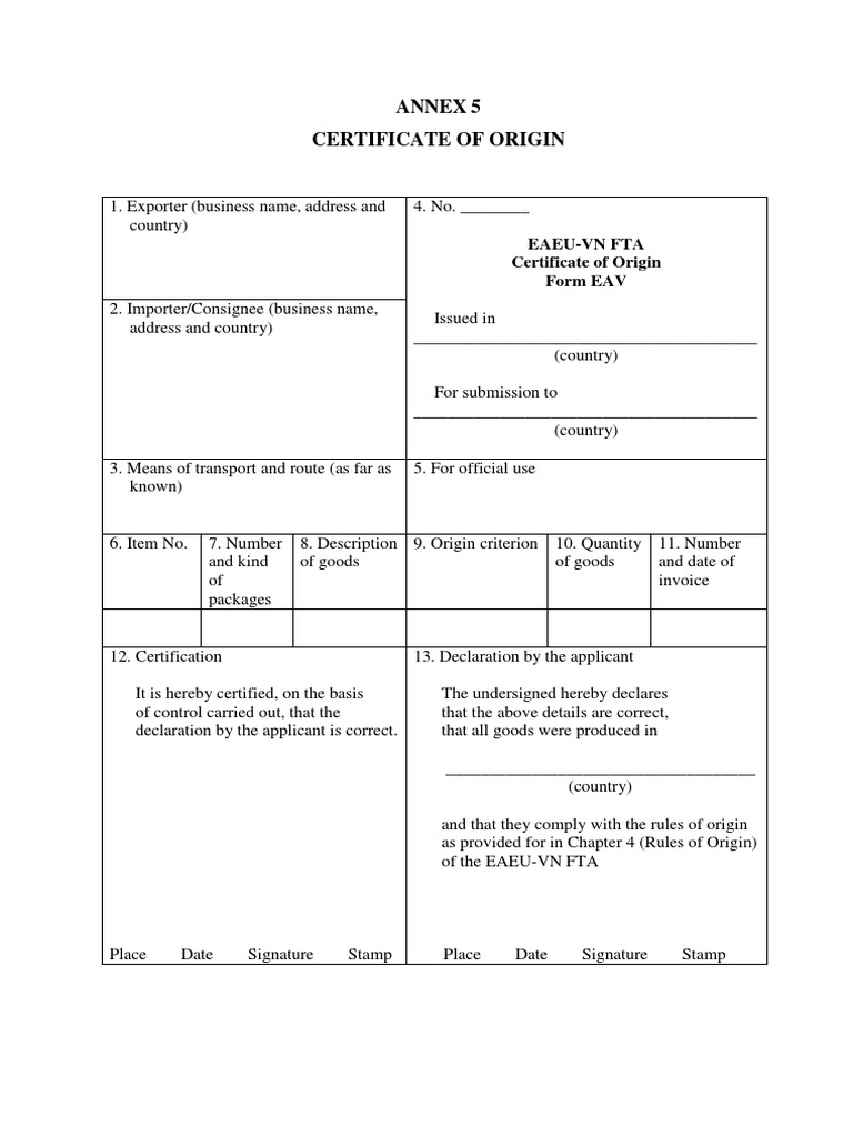 EAEU-VN FTA Certificate of Origin Guide | PDF | Invoice | Business