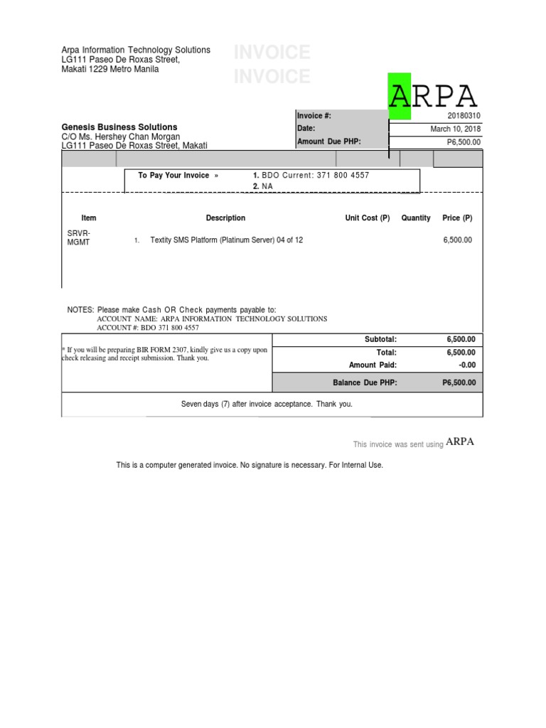Invoice for Textity SMS Platform | PDF