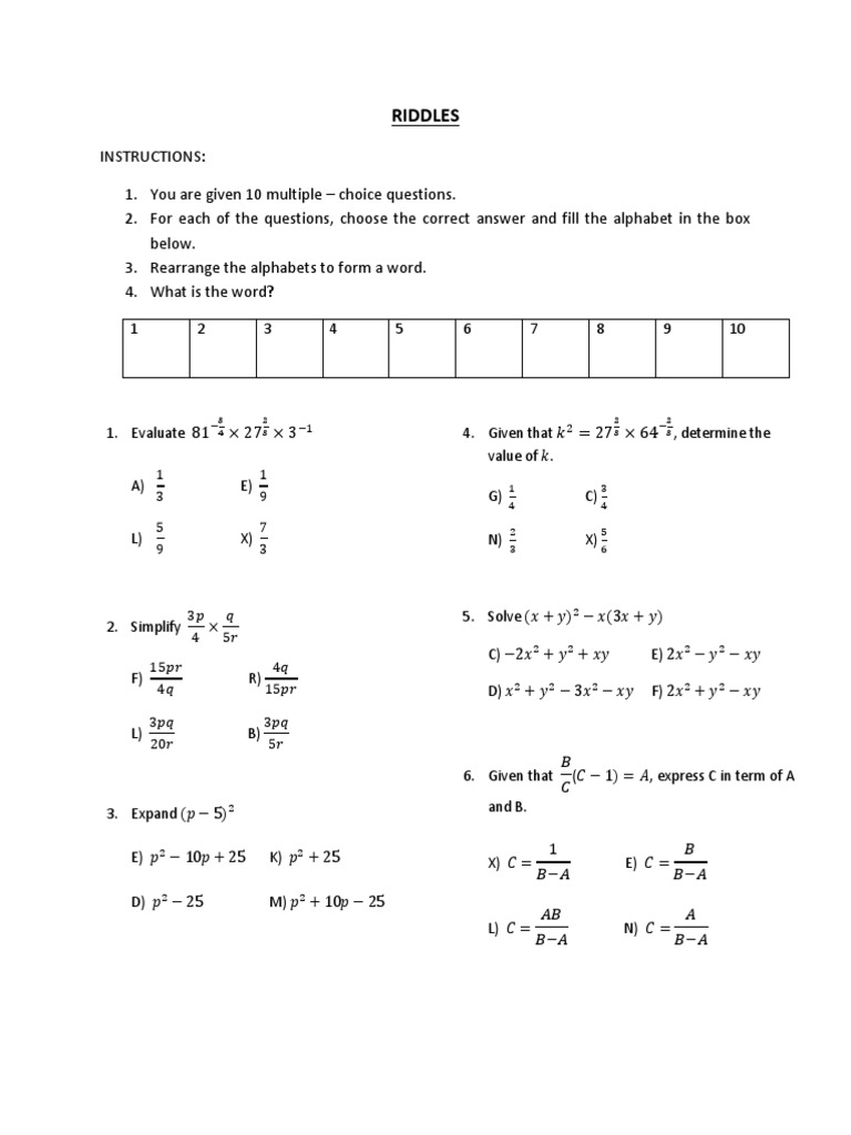 Maths Form 3 Quiz  Physics & Mathematics  Mathematics