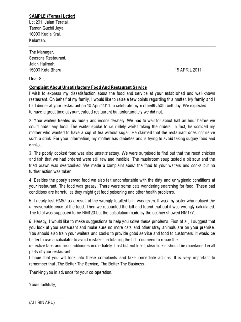 Sample Formal Letter Restaurants Foods