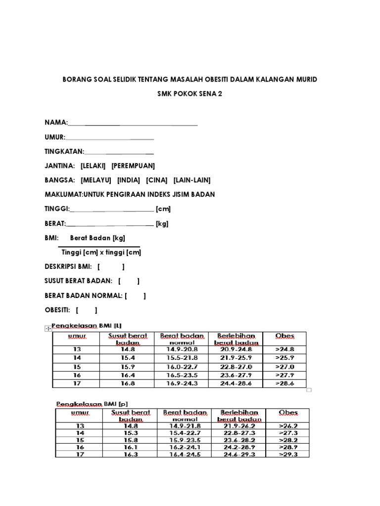 Borang Soal Selidik Tentang Masalah Obesiti Dalam Kalangan Murid