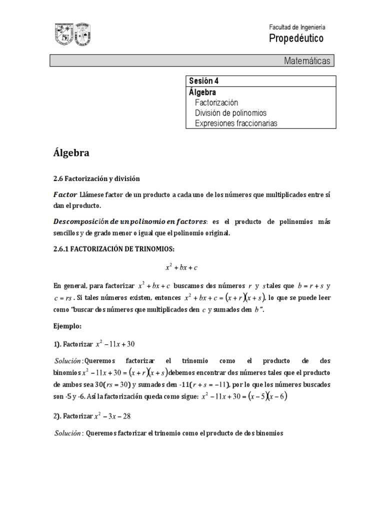 Propedeutico Algebra Factorizacion Division Matematicas