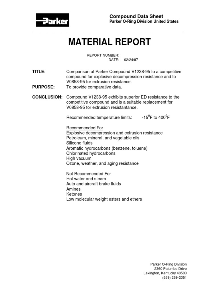 Parker ORing V123895 Compound Data Sheet Pounds Per Square Inch