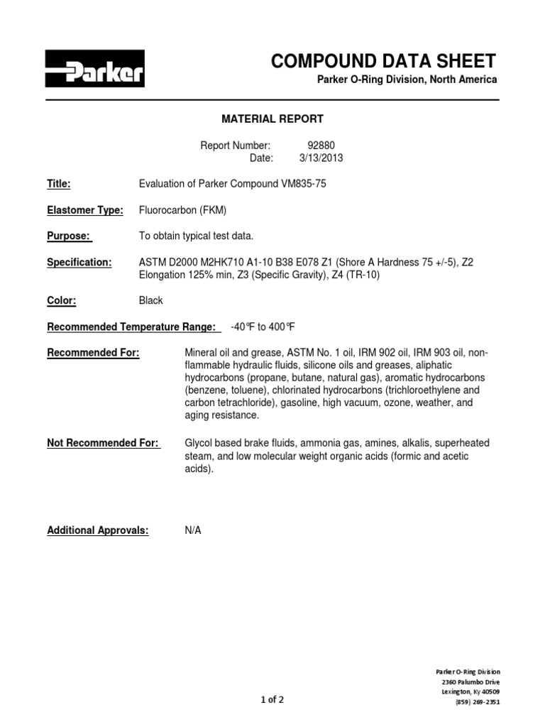 Parker ORing VM83575 Compound Data Sheet Hydrocarbons Oil