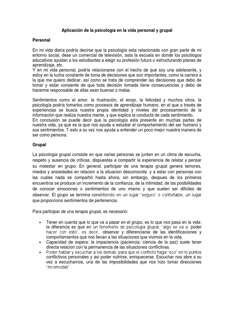 Aplicacion de La Psicologia en La Vida Personal y Grupal | PDF | Toma ...