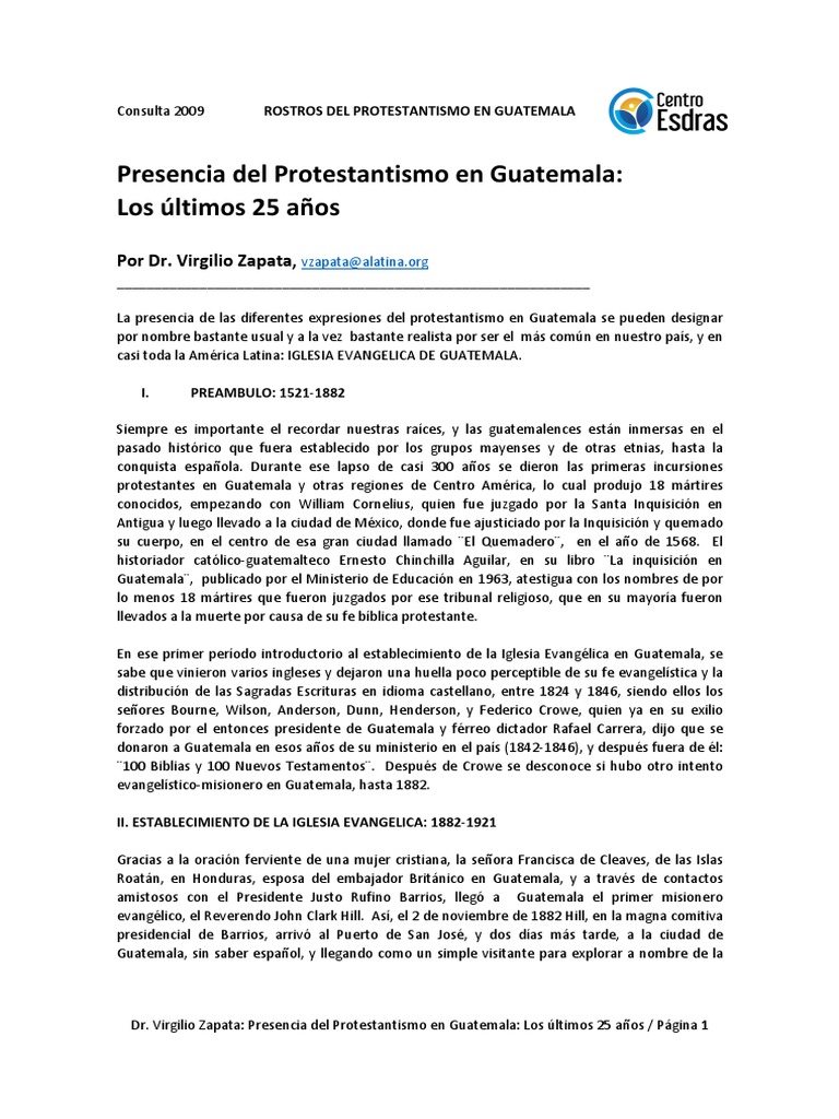 Presencia Del Protestantismo en Guatemala Virgilio Zapata | PDF |  protestantismo | Guatemala