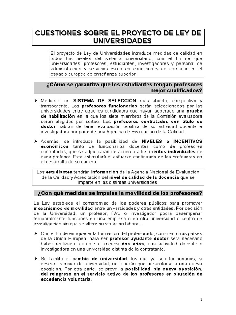 15 Cuestiones Sobre La Nueva Ley Universitaria PDF Universidad