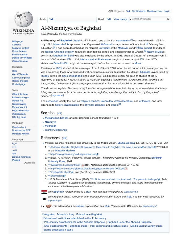 AlNizamiyya of Baghdad Wikipedia Religious Education Religion
