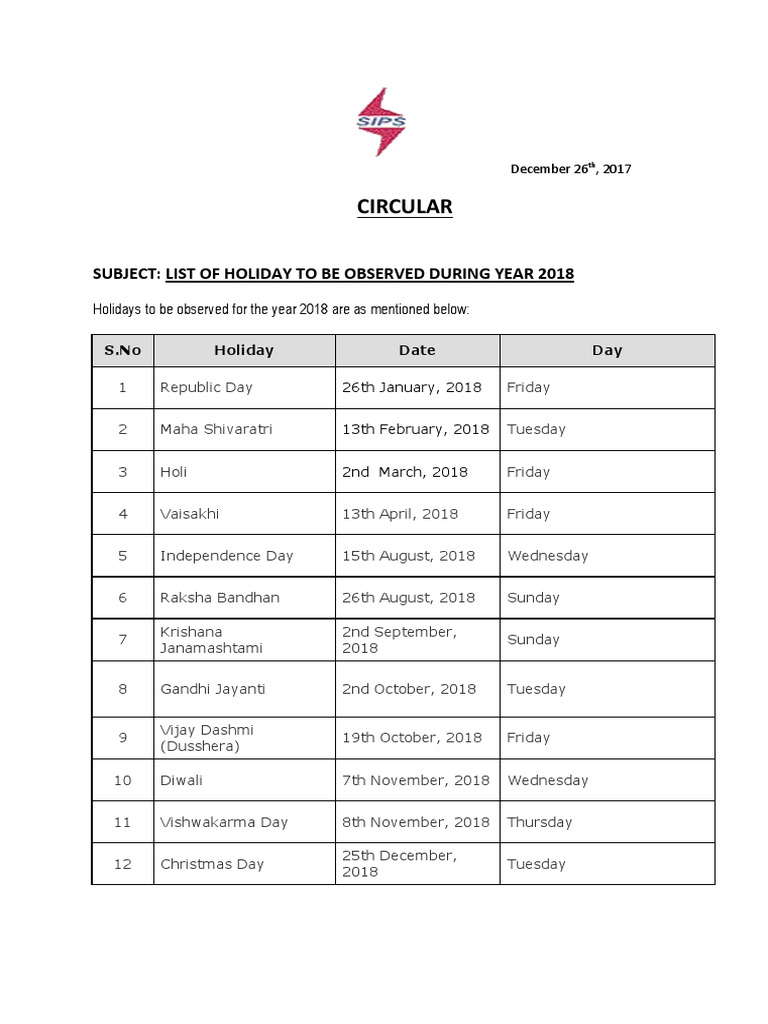 Circular Subject List of Holiday To Be Observed During Year 2018 PDF