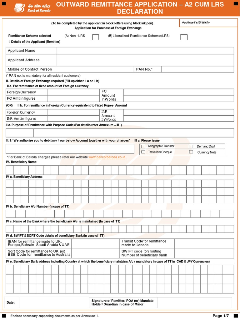 Bob Outward Remittance Non Imports Application Form Insurance