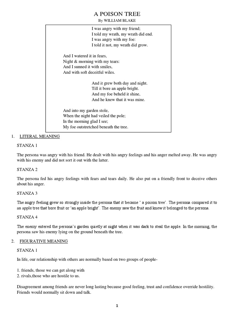 A Poison Tree Notes And Question Pdf Anger Feeling