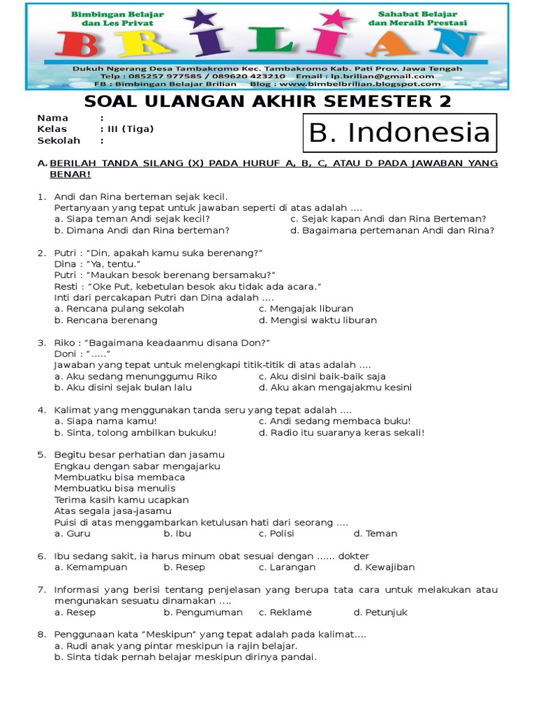 Soal UAS Bahasa Indonesia Kelas 3 SD Semester 2 Dan Kunci