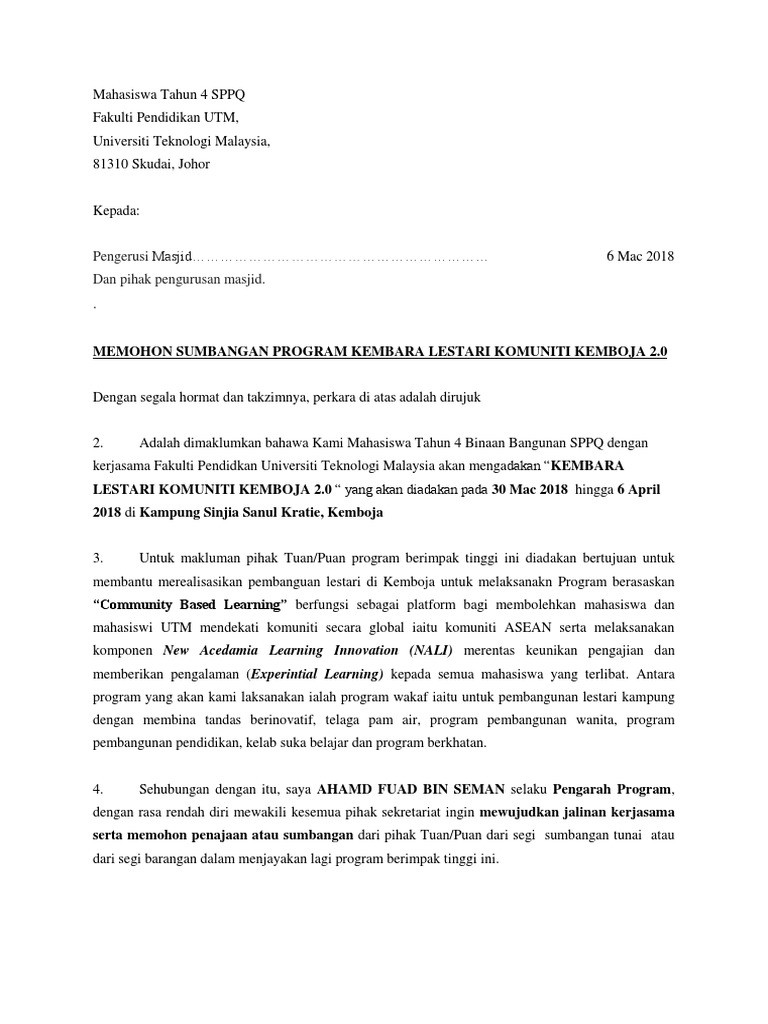 Contoh Surat Rasmi Menawarkan Perkhidmatan Ceramah Kepada Pengurusan Masjid