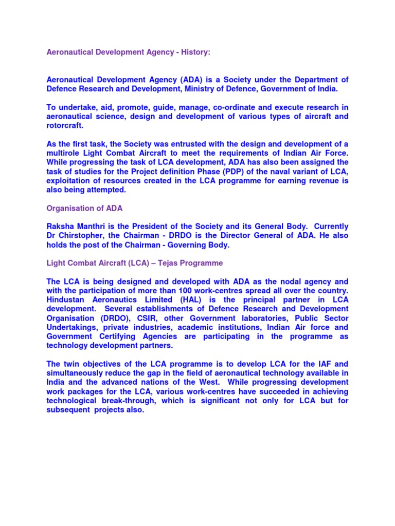 Aeronautical Development Agency History | PDF | Technology & Engineering