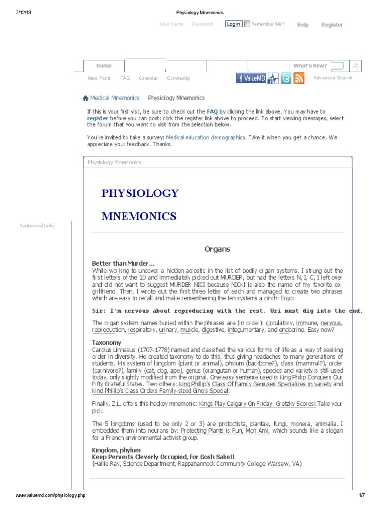 Physiology Mnemonics Central Nervous System Brain