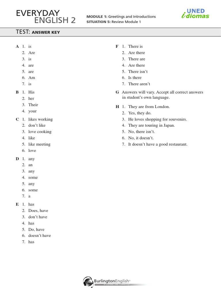 Everyday English 2 - Module 1 - Situation 5 - Test - Teacher | PDF ...
