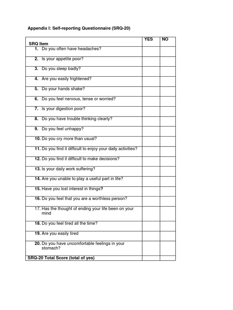 SRQ-20 Self-Reporting Questionnaire | PDF